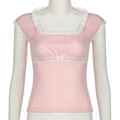 Blusa Elegante de Encaje con Cuello Cuadrado y Manga Corta - Image 36