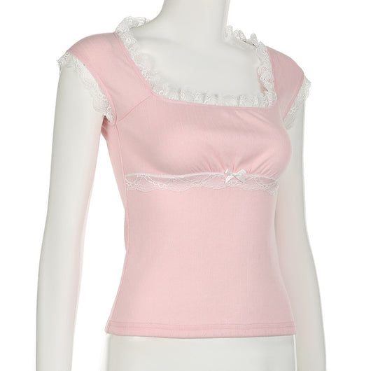 Blusa Elegante de Encaje con Cuello Cuadrado y Manga Corta - Image 37