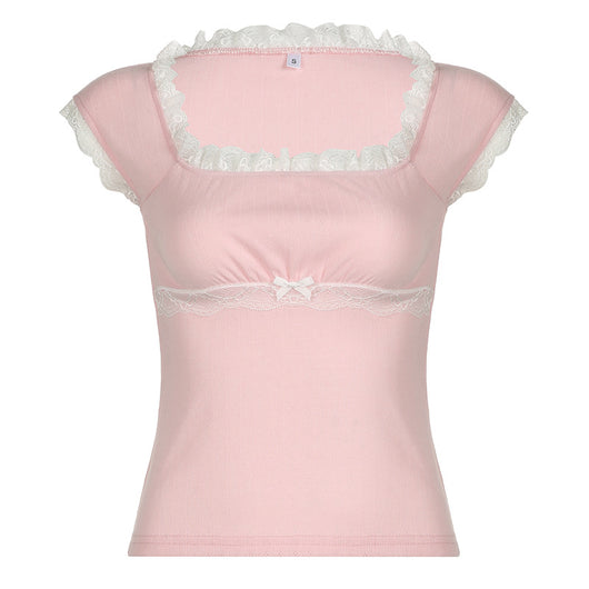 Blusa Elegante de Encaje con Cuello Cuadrado y Manga Corta - Image 41