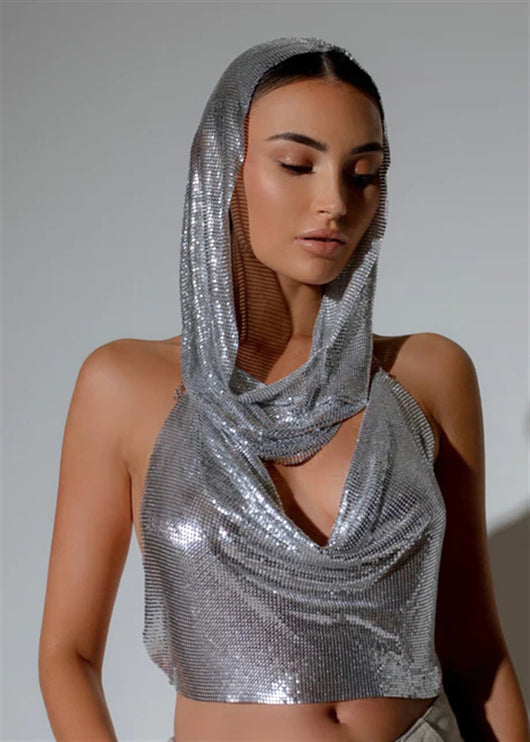 Conjunto de Dos Piezas: Top con Abertura Trasera y Lentejuelas Metálicas + Pañoleta - Image 16