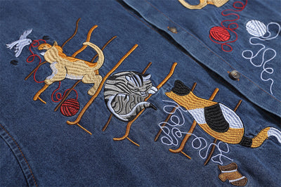 Camisa Denim Manga Corta con Bordado de Gato para Hombre - Image 21