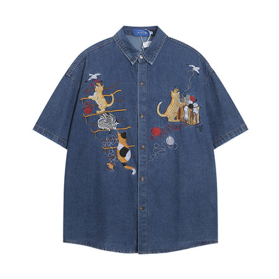 Camisa Denim Manga Corta con Bordado de Gato para Hombre - Image 28