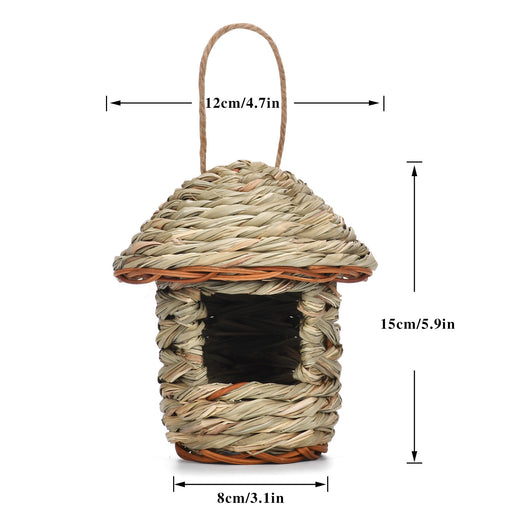 Handmade straw bird nest, house-shaped with a hanging rope, natural color, 15cm tall, 14cm wide. - Image 6