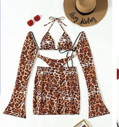 Leopard print three-piece swimsuit set with a halter bikini top, high-cut bottom, mini skirt, and detached long sleeves. - Image 10