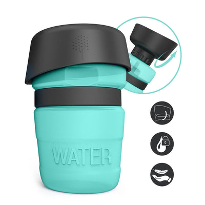 Pink and black foldable pet water bottle with integrated bowl, shown extended and collapsed, with a dog drinking. - Image 28