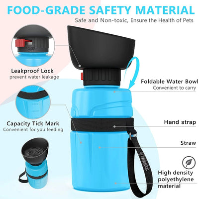 Pink and black foldable pet water bottle with integrated bowl, shown extended and collapsed, with a dog drinking. - Image 30