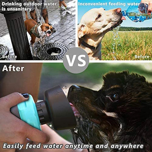 Pink and black foldable pet water bottle with integrated bowl, shown extended and collapsed, with a dog drinking. - Image 32