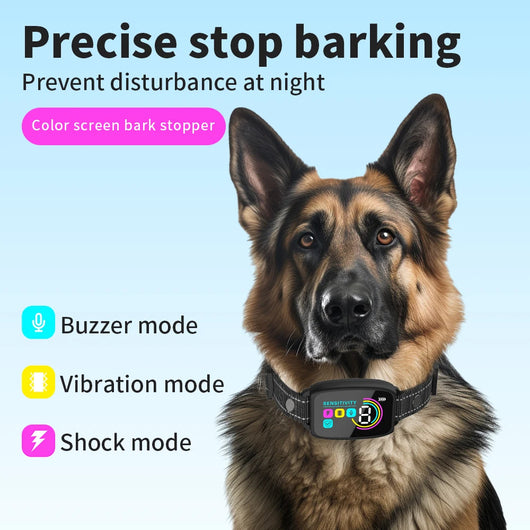 Smart automatic anti-barking dog collar with digital display, portable pet water bottle with food compartment, and a rectangular pet bed. - Image 11