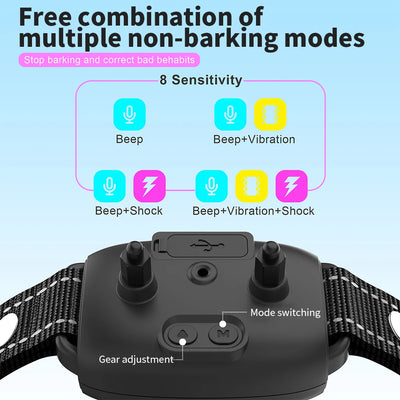 Smart automatic anti-barking dog collar with digital display, portable pet water bottle with food compartment, and a rectangular pet bed. - Image 21