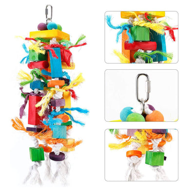 Colorful wooden and rope nibbling toy for parrots, featuring blocks, beads, and knotted ropes, next to a macaw. - Image 14