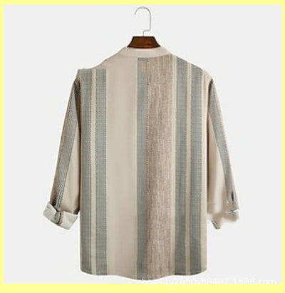 Camisa Casual de Lino Texturizado con Cuello Mao a Rayas para Hombre - Image 14