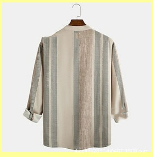 Camisa Casual de Lino Texturizado con Cuello Mao a Rayas para Hombre - Image 14