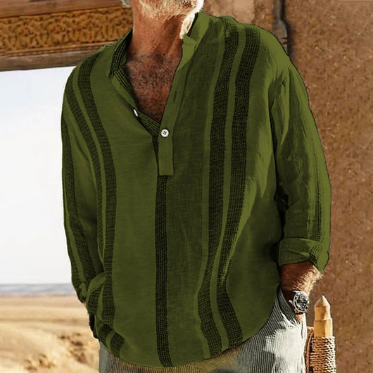 Camisa Casual de Lino Texturizado con Cuello Mao a Rayas para Hombre - Image 16