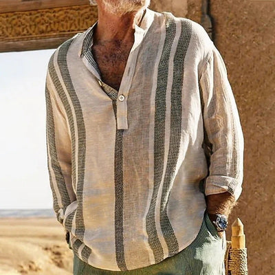 Camisa Casual de Lino Texturizado con Cuello Mao a Rayas para Hombre - Image 17
