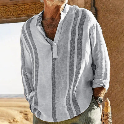 Camisa Casual de Lino Texturizado con Cuello Mao a Rayas para Hombre - Image 18