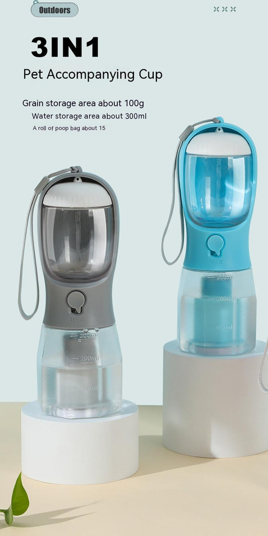 Purple 3-in-1 portable pet water bottle with food compartment, waste bag dispenser, and lanyard. - Image 19