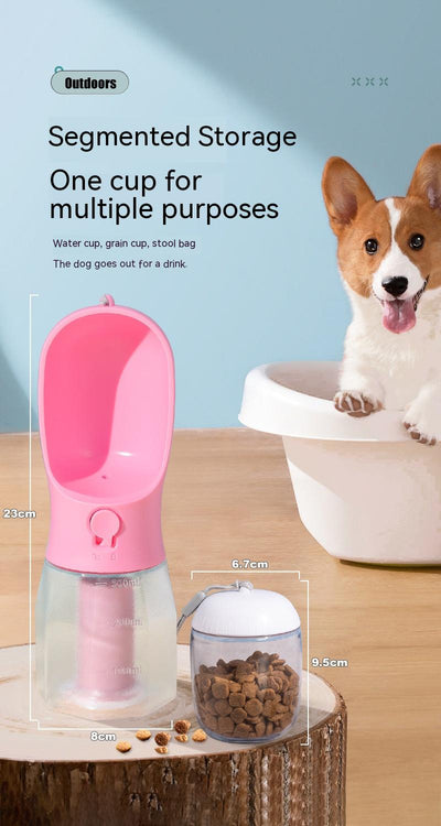 Purple 3-in-1 portable pet water bottle with food compartment, waste bag dispenser, and lanyard. - Image 21