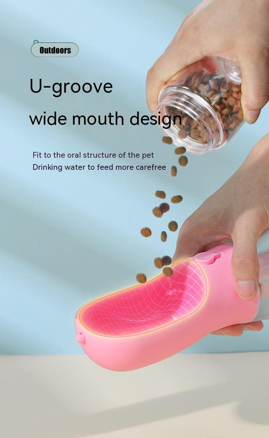 Purple 3-in-1 portable pet water bottle with food compartment, waste bag dispenser, and lanyard. - Image 22