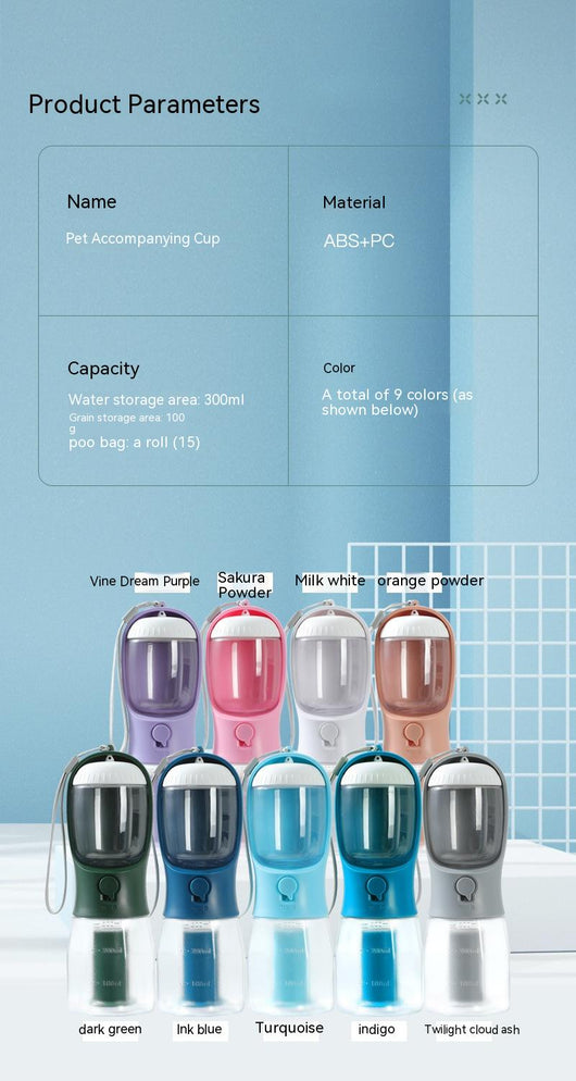Purple 3-in-1 portable pet water bottle with food compartment, waste bag dispenser, and lanyard. - Image 25