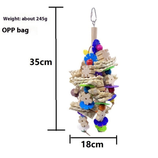 Colorful parrot gnawing toy with wooden blocks, woven straw, and plastic beads, hanging from a metal hook. - Image 8