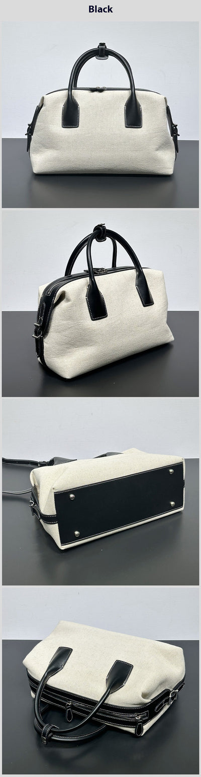 Bolso Casual de Cuero Bowling con Contraste de Lino Premium - Image 8