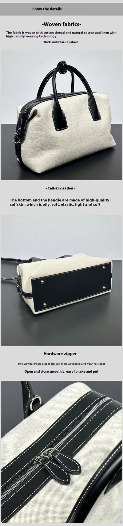 Bolso Casual de Cuero Bowling con Contraste de Lino Premium - Image 9