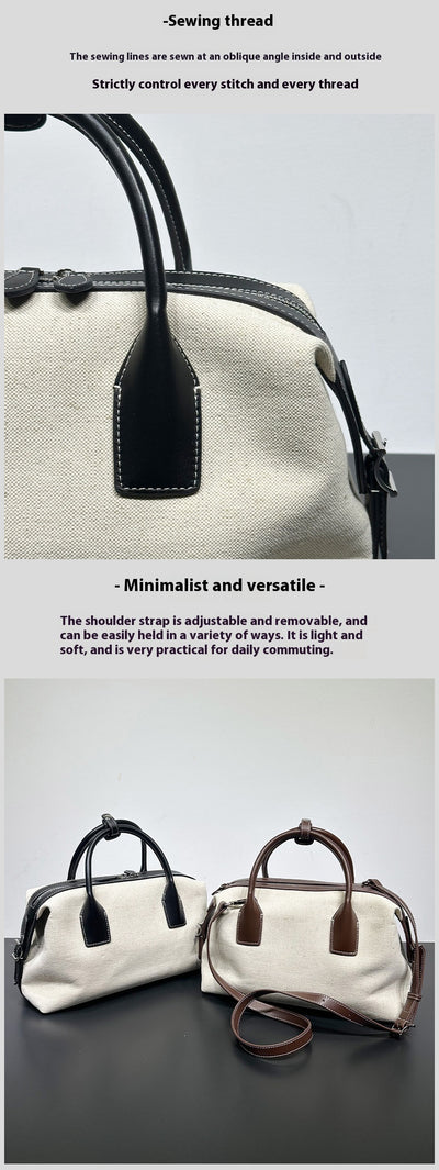 Bolso Casual de Cuero Bowling con Contraste de Lino Premium - Image 10