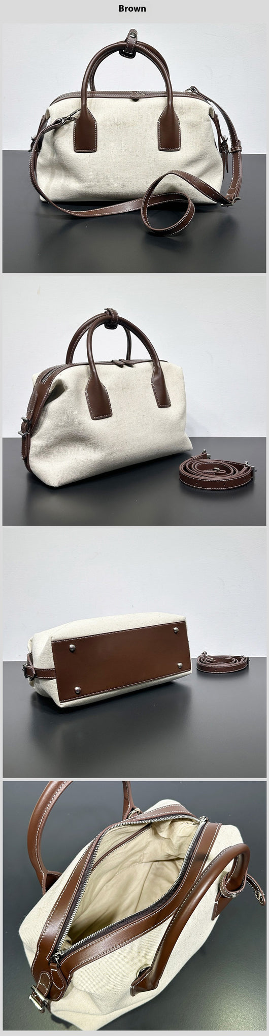 Bolso Casual de Cuero Bowling con Contraste de Lino Premium - Image 11