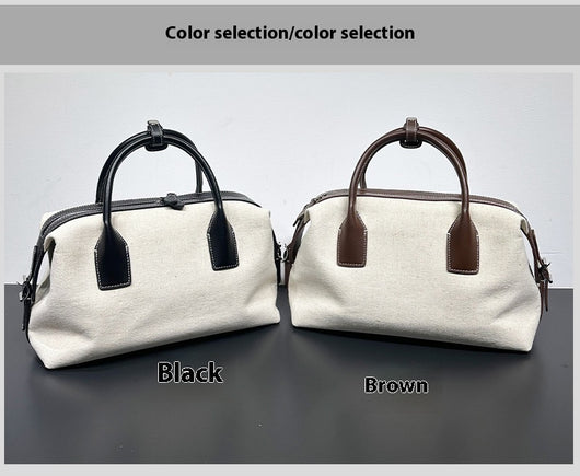 Bolso Casual de Cuero Bowling con Contraste de Lino Premium - Image 13