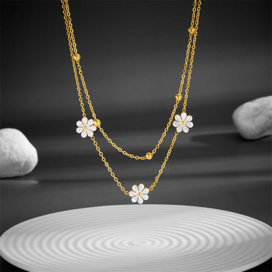 Conjunto de Joyería Flor Margarita en Acero Inoxidable: Collar Doble y Aretes - Image 14