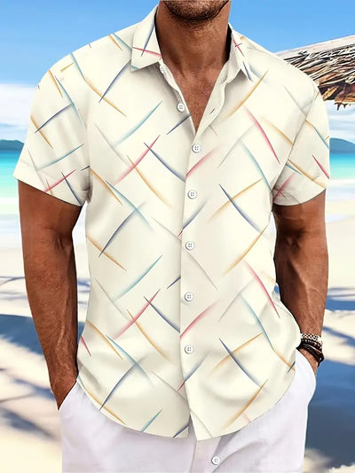 Camisa de Playa Hombre Rayas Plumas - Manga Corta Botones Casual Verano - Image 21