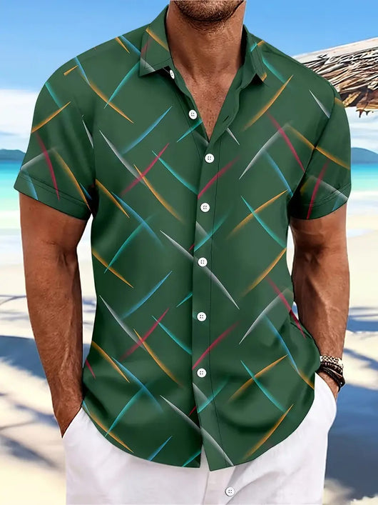 Camisa de Playa Hombre Rayas Plumas - Manga Corta Botones Casual Verano - Image 24
