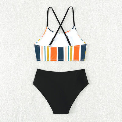 Girls' two-piece bikini swimsuit with a colorful striped crop top and solid black high-waisted ruched bottoms. - Image 15