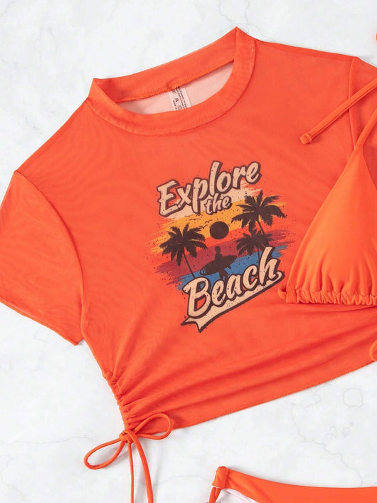 Black three-piece swimsuit with a mesh crop top featuring an "Explore the Beach" graphic, bikini top, and high-waisted bottoms. - Image 50