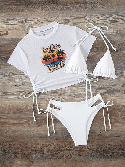 Black three-piece swimsuit with a mesh crop top featuring an "Explore the Beach" graphic, bikini top, and high-waisted bottoms. - Image 51