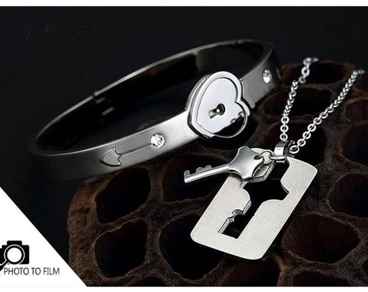 Conjunto de Joyas para Pareja de Acero de Titanio - Pulsera de Candado y Collar de Llave - Image 29
