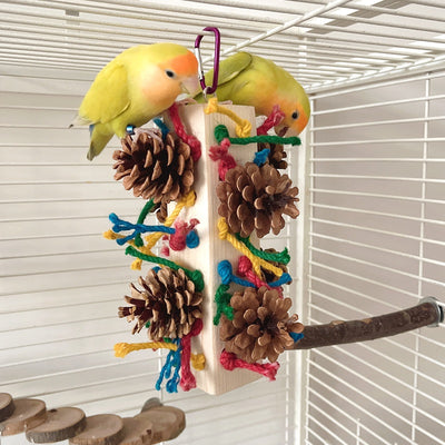 Packaged parrot toy with a wooden block, colorful hemp ropes, and natural pine cones for chewing and play. - Image 14