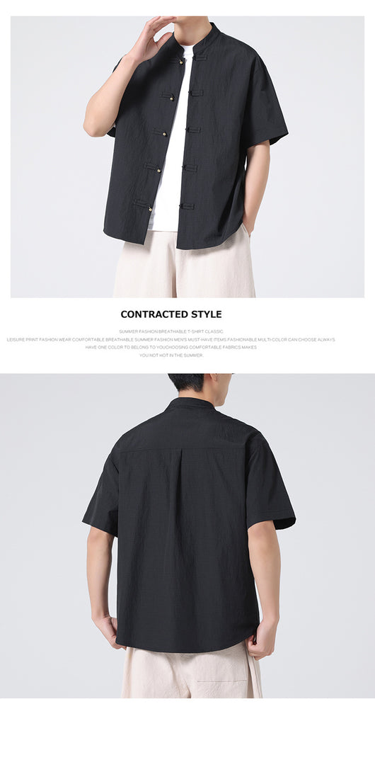 Camisa Estilo Chino con Cuello Mao Desgastado y Lavado Vintage - Image 8