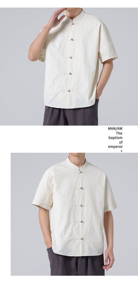 Camisa Estilo Chino con Cuello Mao Desgastado y Lavado Vintage - Image 10