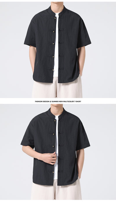 Camisa Estilo Chino con Cuello Mao Desgastado y Lavado Vintage - Image 11