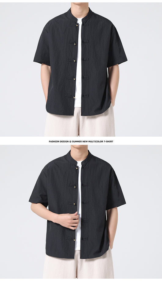 Camisa Estilo Chino con Cuello Mao Desgastado y Lavado Vintage - Image 11