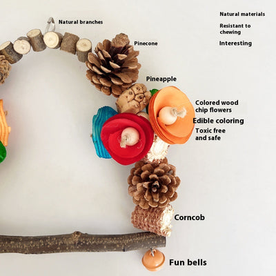 Natural wood parrot swing with pine cones, colorful wooden pieces, and small bells for chewing and perching. - Image 18