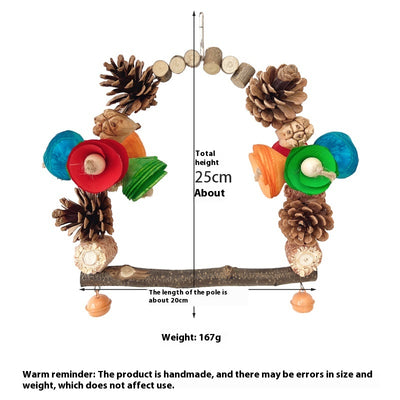 Natural wood parrot swing with pine cones, colorful wooden pieces, and small bells for chewing and perching. - Image 23