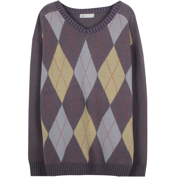 Suéter Tejido Diamante Cuello V Gris Azulado Retro Americano para Mujer - Image 7