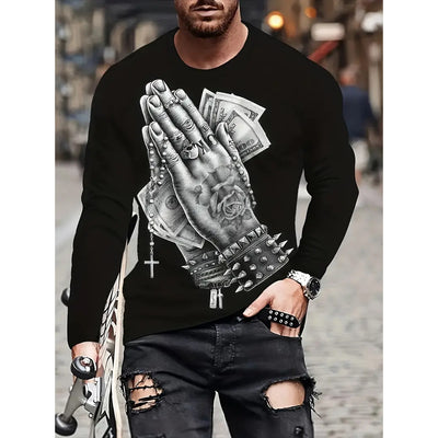 Playera Hombre Estilo Retro 3D Hip-hop Oversize Manga Larga Cuello Redondo - Image 45