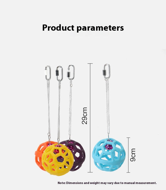 Orange hollow rubber ball bird toy with a pink bell inside, hanging from a silver chain and carabiner clip. - Image 15