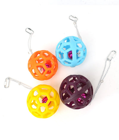 Orange hollow rubber ball bird toy with a pink bell inside, hanging from a silver chain and carabiner clip. - Image 18