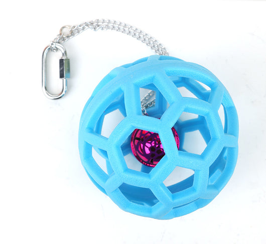 Orange hollow rubber ball bird toy with a pink bell inside, hanging from a silver chain and carabiner clip. - Image 19