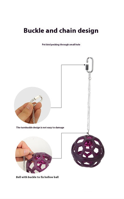 Orange hollow rubber ball bird toy with a pink bell inside, hanging from a silver chain and carabiner clip. - Image 20