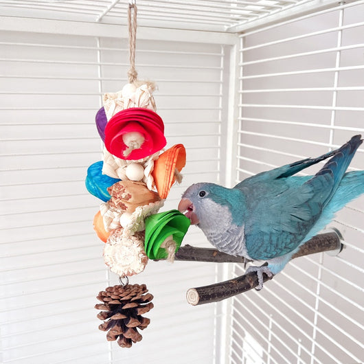 Blue parrot playing with a colorful natural material bird toy featuring corn cobs, wood, and pinecones, hanging in a white birdcage. - Image 18
